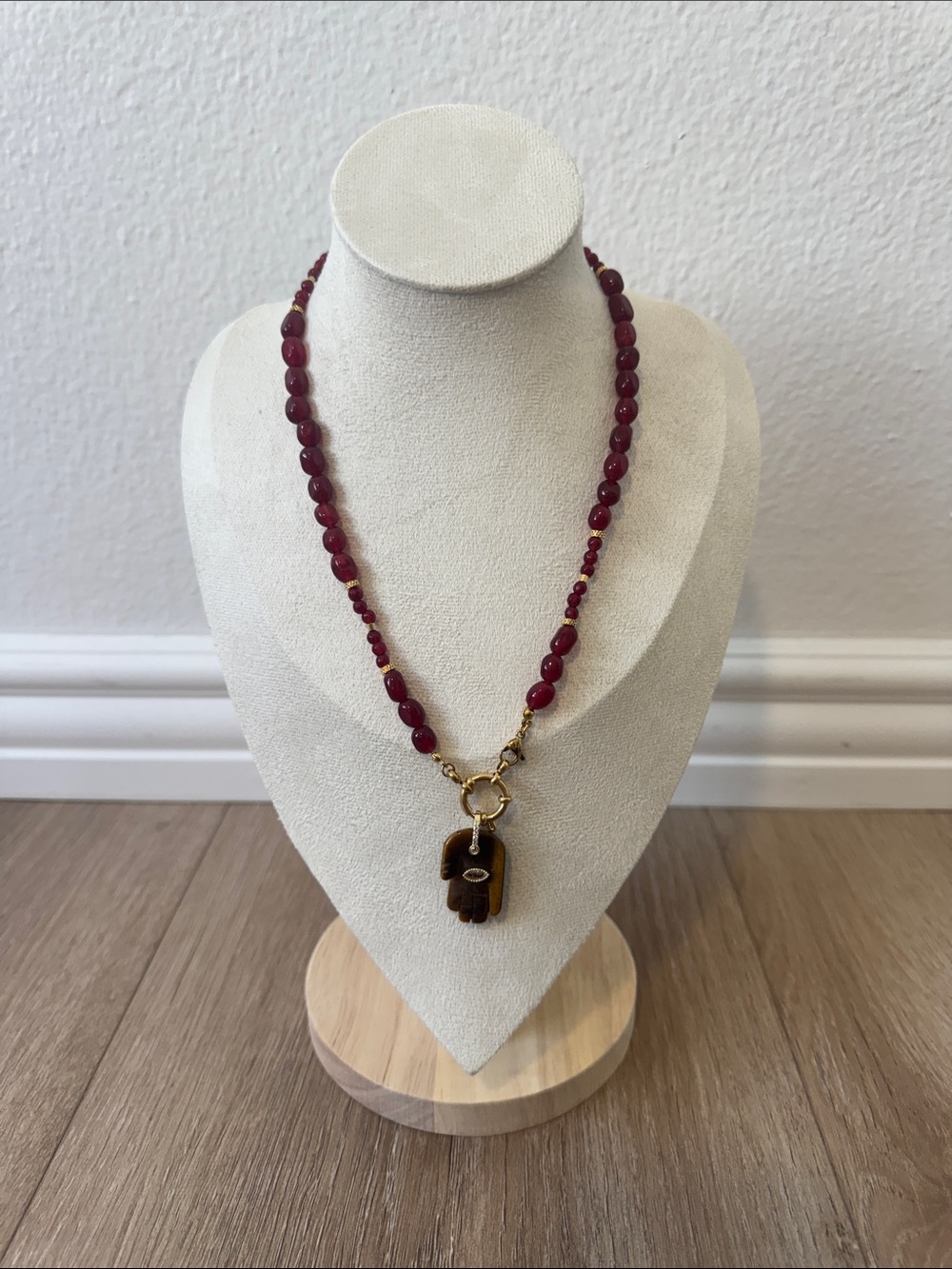 Red Beaded Necklace with Gold Hamsa Charm